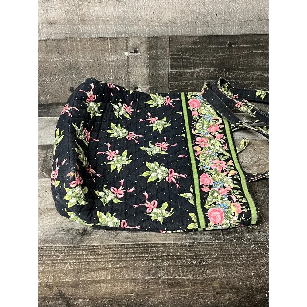 VTG Vera Bradley Quilted Tote Bag Floral Pink Bows Lily of the Valley Black - Picture 7 of 9